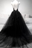 Black V-Neck Tulle Lace Long Prom Dresses, Black A-Line Evening Dresses HZ0429