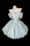Blue Off Shoulder Satin Mini Prom Dress - Princess Party Gown HZ0429