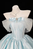 Blue Off Shoulder Satin Mini Prom Dress - Princess Party Gown HZ0429