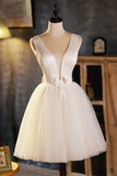 Champagne V-Neck Tulle Short Prom Dress, A-Line Evening Party Dress HZ0429
