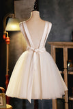 Champagne V-Neck Tulle Short Prom Dress, A-Line Evening Party Dress HZ0429