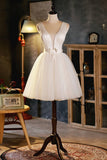 Champagne V-Neck Tulle Short Prom Dress, A-Line Evening Party Dress HZ0429
