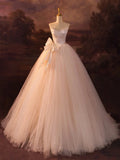 Champagne Strapless Tulle Long Prom Dress, Beautiful A-Line Formal Evening Dress HZ0429