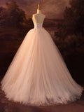 Champagne Strapless Tulle Long Prom Dress, Beautiful A-Line Formal Evening Dress HZ0429