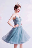 Blue V-Neck Lace Short Prom Dress, A-Line Evening Party Dress HZ0429