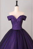 Purple Sweetheart Prom Dress with Black Dotted Tulle Overlay Off Shoulder Formal Evening Gown HZ0429