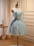 Green Tulle Beaded Short Prom Dress, Cute Off Shoulder Homecoming Dress HZ0429