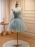 Green Tulle Beaded Short Prom Dress, Cute Off Shoulder Homecoming Dress HZ0429