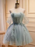 Green Tulle Beaded Short Prom Dress, Cute Off Shoulder Homecoming Dress HZ0429