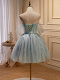 Green Tulle Beaded Short Prom Dress, Cute Off Shoulder Homecoming Dress HZ0429