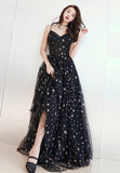 Black Tulle Long A-Line Prom Dresses, Black Star Evening Dresses HZ0429