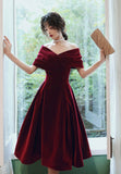 Burgundy Velvet Short Prom Dresses, A-Line Off the Shoulder Evening Dresses HZ0429