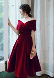 Burgundy Velvet Short Prom Dresses, A-Line Off the Shoulder Evening Dresses HZ0429