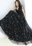 Black Tulle Long A-Line Prom Dresses, Black Star Evening Dresses HZ0429