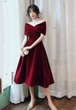 Burgundy Velvet Short Prom Dresses, A-Line Off the Shoulder Evening Dresses HZ0429