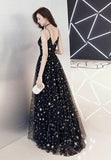 Black Tulle Long A-Line Prom Dresses, Black Star Evening Dresses HZ0429