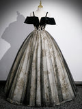 Black Velvet Tulle Sequins Floor Length Prom Dress, Off the Shoulder Evening Party Dress HZ0429
