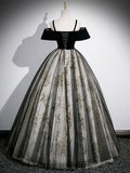 Black Velvet Tulle Sequins Floor Length Prom Dress, Off the Shoulder Evening Party Dress HZ0429