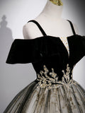 Black Velvet Tulle Sequins Floor Length Prom Dress, Off the Shoulder Evening Party Dress HZ0429