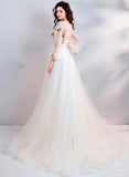 Champagne Lace Long Prom Dresses, A-Line Long Sleeve Evening Dresses HZ0429