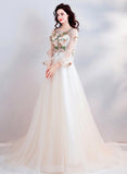 Champagne Lace Long Prom Dresses, A-Line Long Sleeve Evening Dresses HZ0429