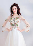 Champagne Lace Long Prom Dresses, A-Line Long Sleeve Evening Dresses HZ0429