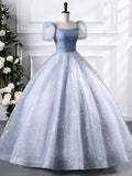 A-Line Blue Tulle Sequins Floor Length Prom Dress, Beautiful Short Sleeve Evening Party Dress HZ0429