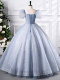 A-Line Blue Tulle Sequins Floor Length Prom Dress, Beautiful Short Sleeve Evening Party Dress HZ0429
