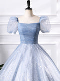 A-Line Blue Tulle Sequins Floor Length Prom Dress, Beautiful Short Sleeve Evening Party Dress HZ0429