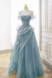Dusty Blue Off the Shoulder Prom Dress, Beaded Corset Bodice with Ruffled Tulle Ball Gown HZ0429