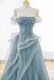 Dusty Blue Off the Shoulder Prom Dress, Beaded Corset Bodice with Ruffled Tulle Ball Gown HZ0429