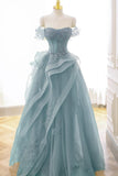 Dusty Blue Off the Shoulder Prom Dress, Beaded Corset Bodice with Ruffled Tulle Ball Gown HZ0429