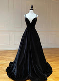 Black A-Line Velvet Long Prom Dresses, Black Evening Dresses HZ0429