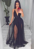 Black V-Neck Tulle Long Prom Dresses, A-Line Backless Evening Dresses HZ0429