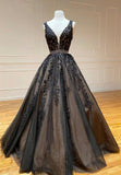 Black V-Neck Lace Long Prom Dresses, A-Line Evening Dresses HZ0429