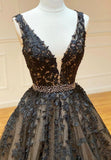 Black V-Neck Lace Long Prom Dresses, A-Line Evening Dresses HZ0429