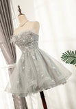 Gray Strapless Feather Short Prom Dresses, Cute Party Dresses HZ0429