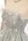 Gray Strapless Feather Short Prom Dresses, Cute Party Dresses HZ0429