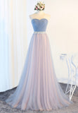 Blue Tulle Long Prom Dresses, A-Line Strapless Evening Dresses HZ0429