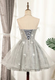 Gray Strapless Feather Short Prom Dresses, Cute Party Dresses HZ0429
