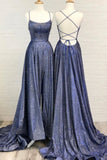 Blue A-Line Backless Long Prom Dresses, Blue Evening Dresses HZ0429
