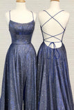 Blue A-Line Backless Long Prom Dresses, Blue Evening Dresses HZ0429
