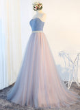 Blue Tulle Long Prom Dresses, A-Line Strapless Evening Dresses HZ0429