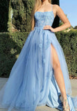 Blue Spaghetti Lace Long Prom Dresses, A-Line Evening Dresses HZ0429