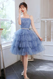 Blue Tulle Short Prom Dresses, A-Line Homecoming Party Dresses HZ0429