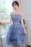 Blue Tulle Short Prom Dresses, A-Line Homecoming Party Dresses HZ0429