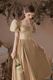 Cute Satin Tea Length Prom Dress, A-Line Short Sleeve Graduation Party Dress HZ0429
