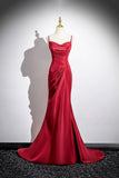 Burgundy Satin Long Prom Dress, Mermaid Spaghetti Strap Party Dress HZ0429