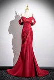 Burgundy Satin Long Prom Dress, Mermaid Spaghetti Strap Party Dress HZ0429