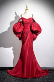 Burgundy Satin Long Prom Dress, Mermaid Spaghetti Strap Party Dress HZ0429